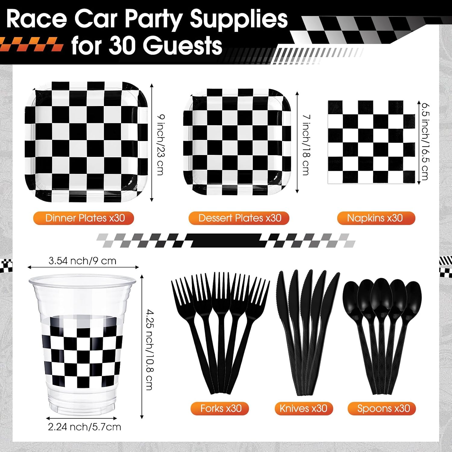 Domensi 214 Pcs Racing Car Birthday Party Decorations Racing Car Parties Tableware Set for 30 Guests Black and White Checkered Dinnerware Decorations for Race Cars Themed Birthday Party Supplies