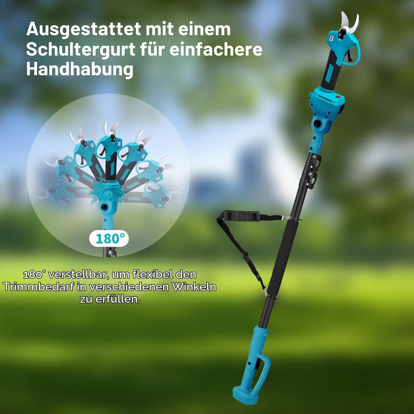 Akku Teleskop Astschere Profi Set 180° schwenkbarer Schneidkopf | 2X 2000mAh Li-Ion Akku inkl. Schultergurt, Handschuhe, Schutzbrille Zubehör für Obstbaum und Gartenbau