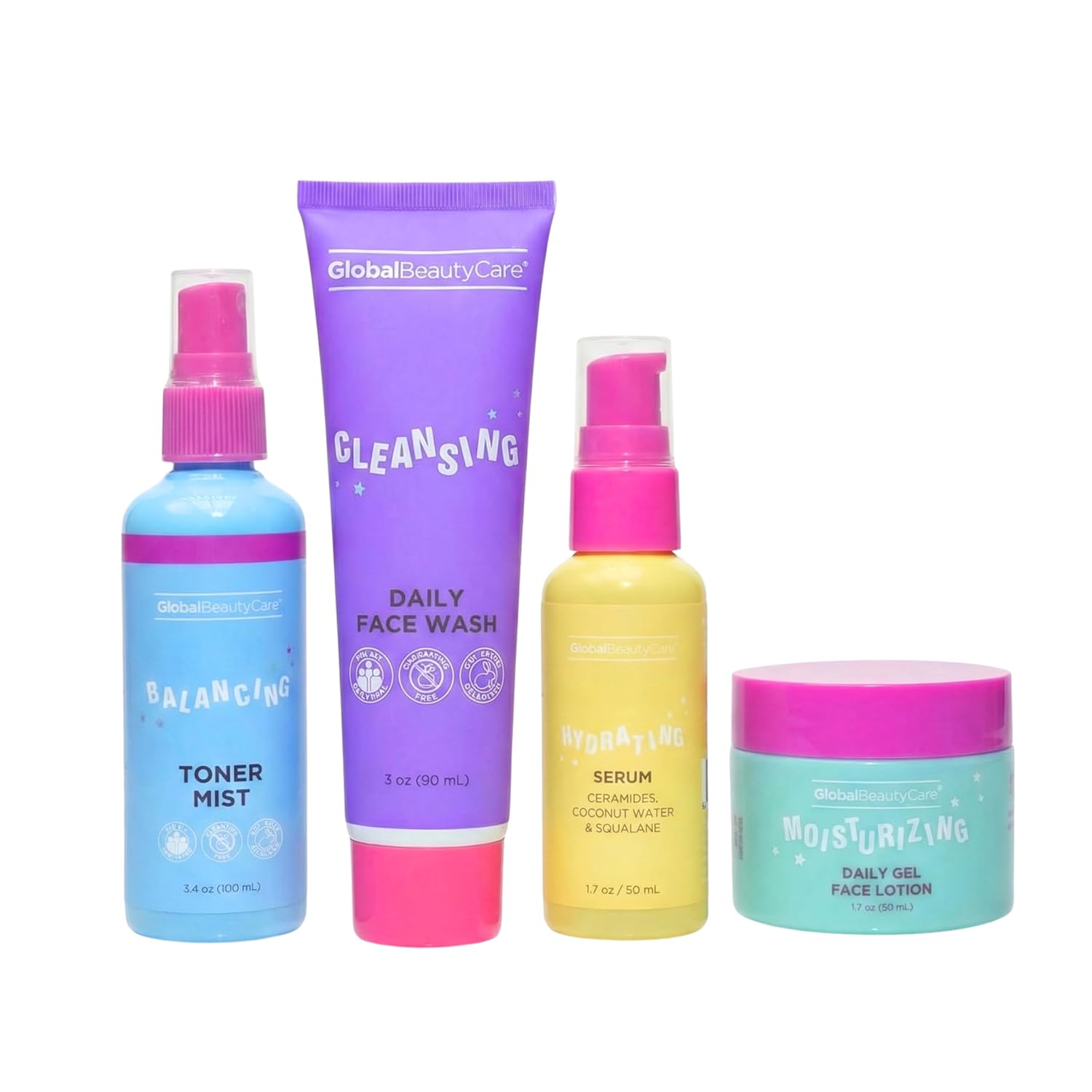 Global Beauty Care Youthful Skincare Set – Skin Care for Hydrating & Balanced Skin for Women & Teens with Face Wash, Toner Mist, Serum & Gel Lotion for Sensitive Skin, Daily Facial Care Kit, 4-Piece
