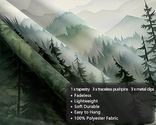 Miniatura 6 de QGHOT Tapiz de paisaje, bosque brumoso y montaña brumosa, arte de pared, acuarela, naturaleza, tapiz de pared para sala de estar, dormitorio,