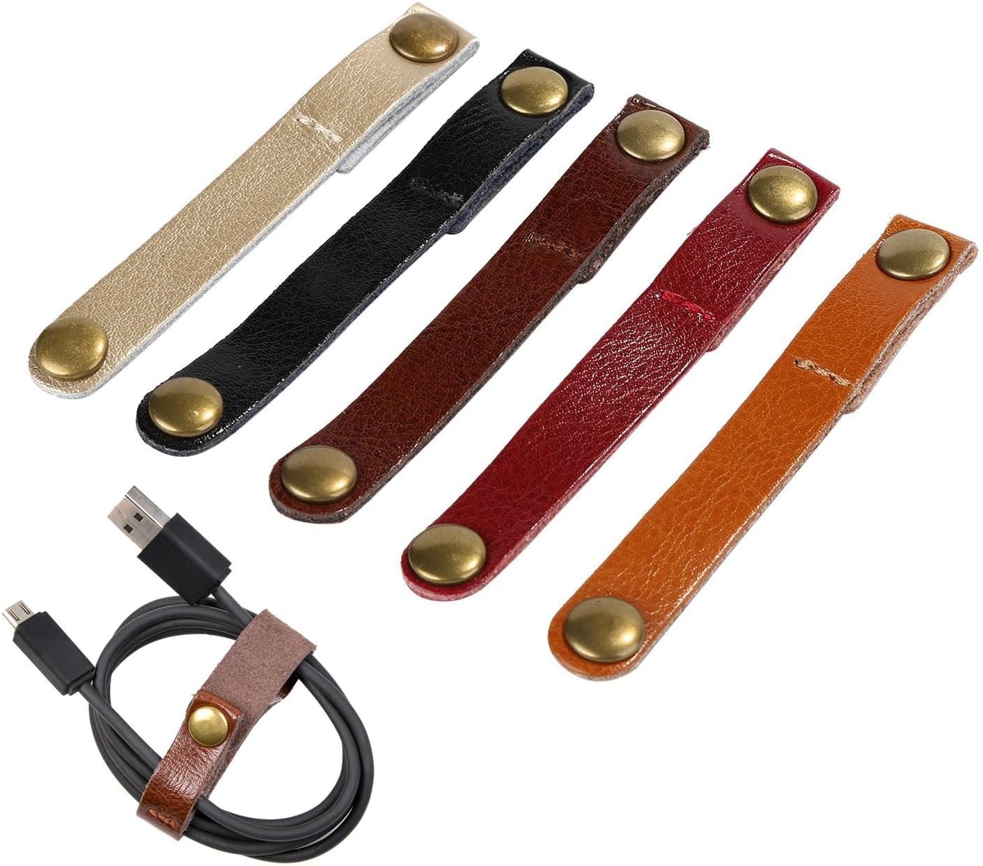10-Pack(5-Color Mix Leather Cable Organizer with Snap Button– Multi-Color Cord Wraps for Charger, Headphones– Durable Wire Management Clips for Travel & Desk US (1.2cm/0.5" x9cm/3.5")