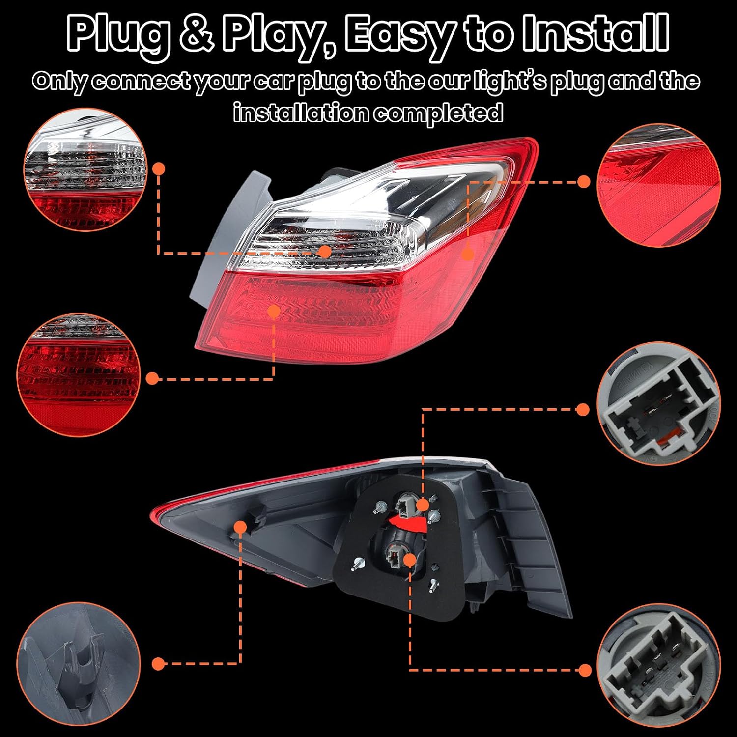 Tail Light Assembly Compatible with Honda Accord Sedan 2013-2015 EX LX Sport Halogen Rear Brake Stop Lamp Replaces# 33500T2AA01 Right Passenger Side