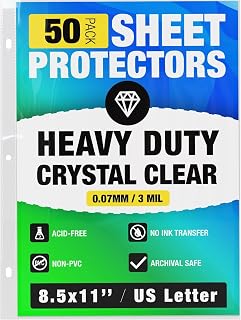 50 Pack of 8.5x11 Heavy Duty Crystal Clear Sheet Protectors for 3 Ring Binder, Plastic Page Sleeve Protectors for Paper Document (50 Pack, 8.5 x 11'' - 1 Pocket)