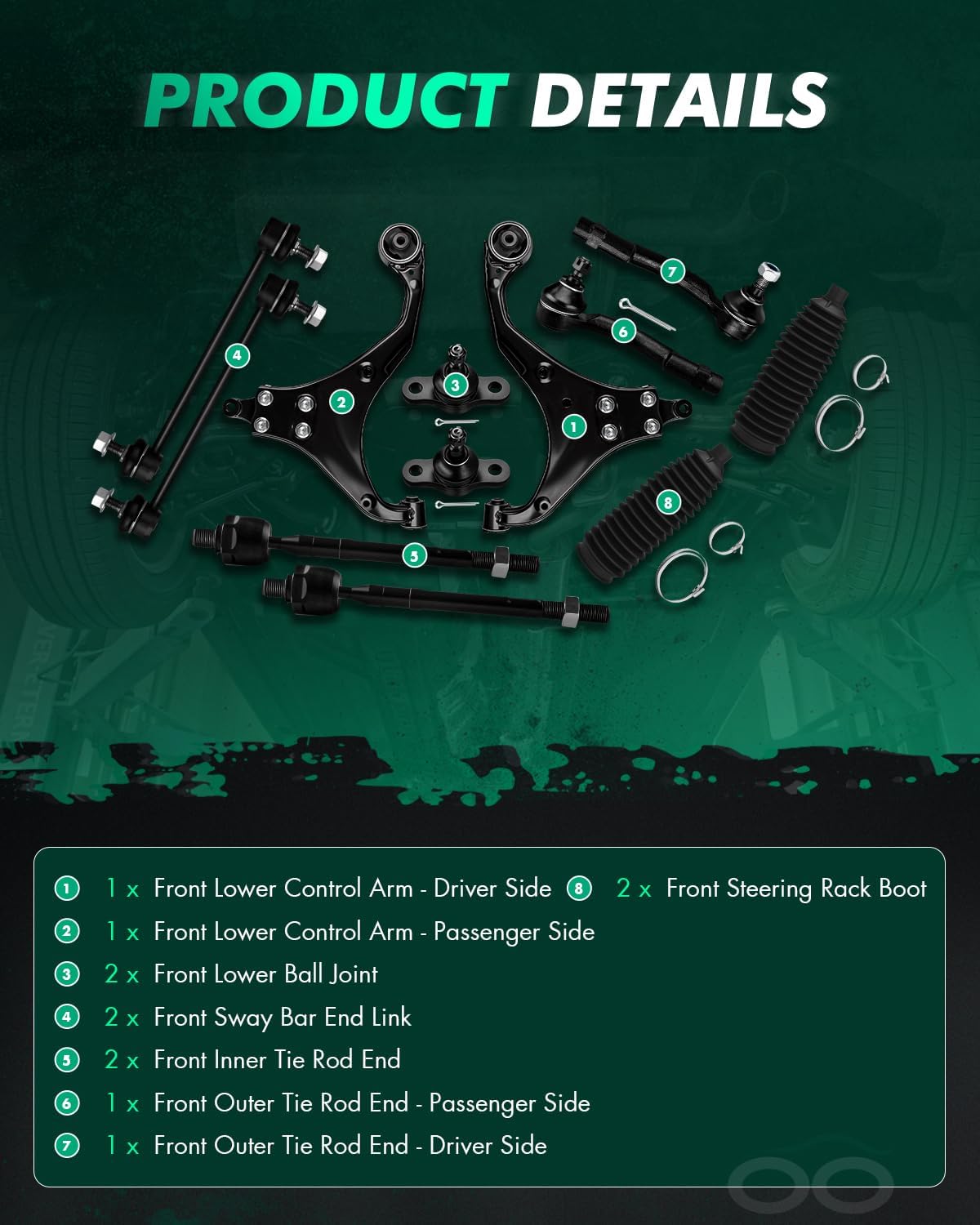 SCITOO 12pcs Front Suspension Kit Lower Control Arm Inner Outer Tie Rod End Sway Bar Link Lower Ball Joint Steering Rack Boot Fit 2005-2009 For Hyundai Tucson 2005-2010 For Kia For Sportage