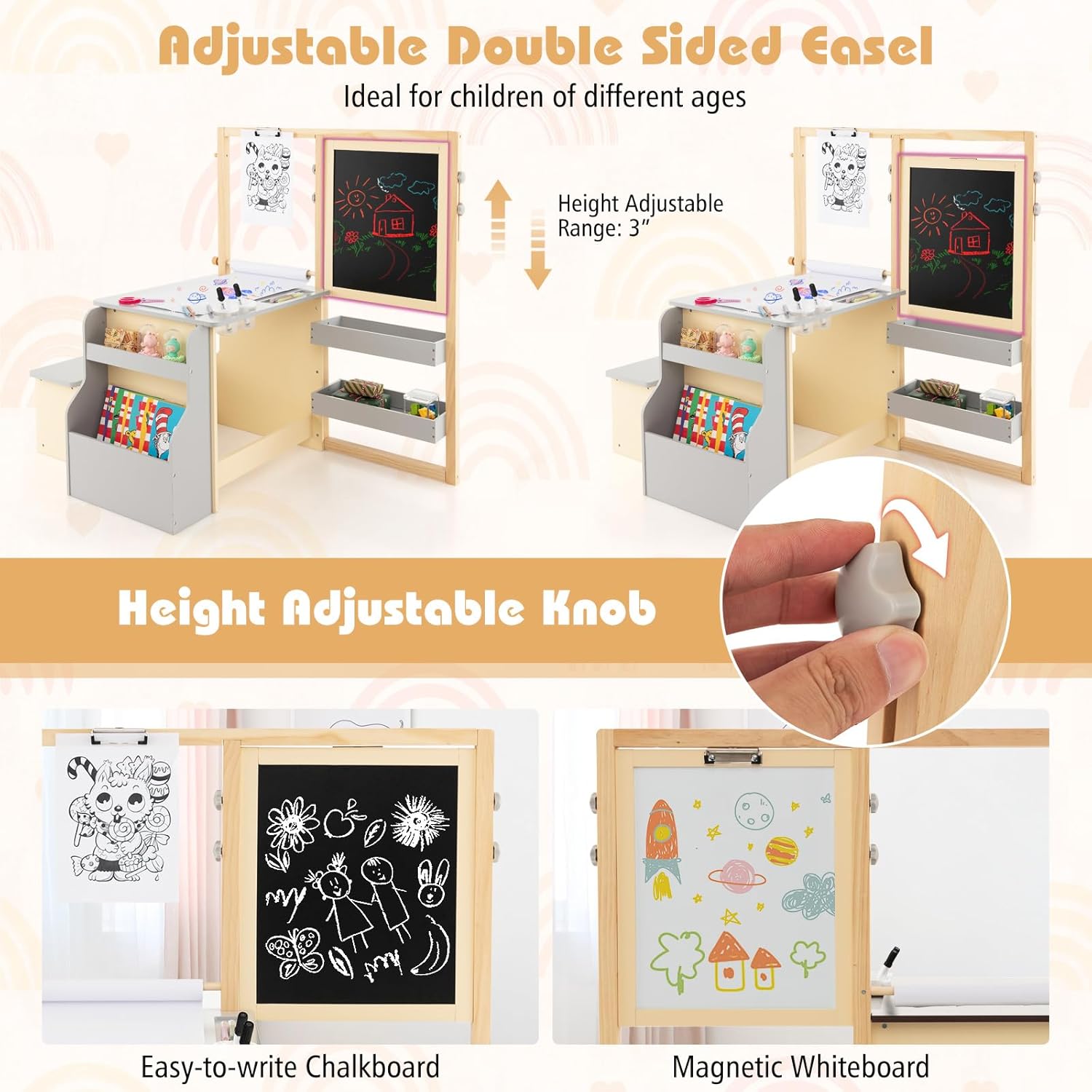 GLACER 6-in-1 Easel for Kids, Double-Sided Easley for Toddlers w/Adjustable Height White Board & Chalkboard, Paper Roll, Storage Shelf, Accessories, Magnetic Kids Easel, Gift for Boys Girls (Gray)