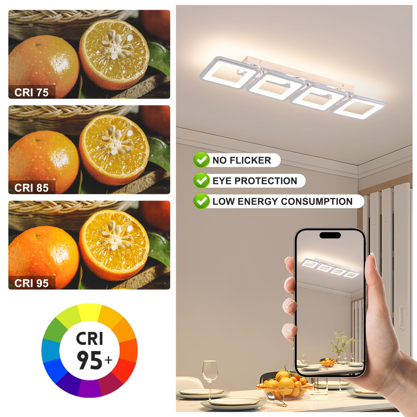 Nowoczesna lampa sufitowa LED, 69 cm, czarna, ściemnialna lampa sufitowa LED z pilotem, 4-kwadratowa srebrna lampa sufitowa do jadalni, sypialni, biura, kuchni, salonu, światła, 52 W