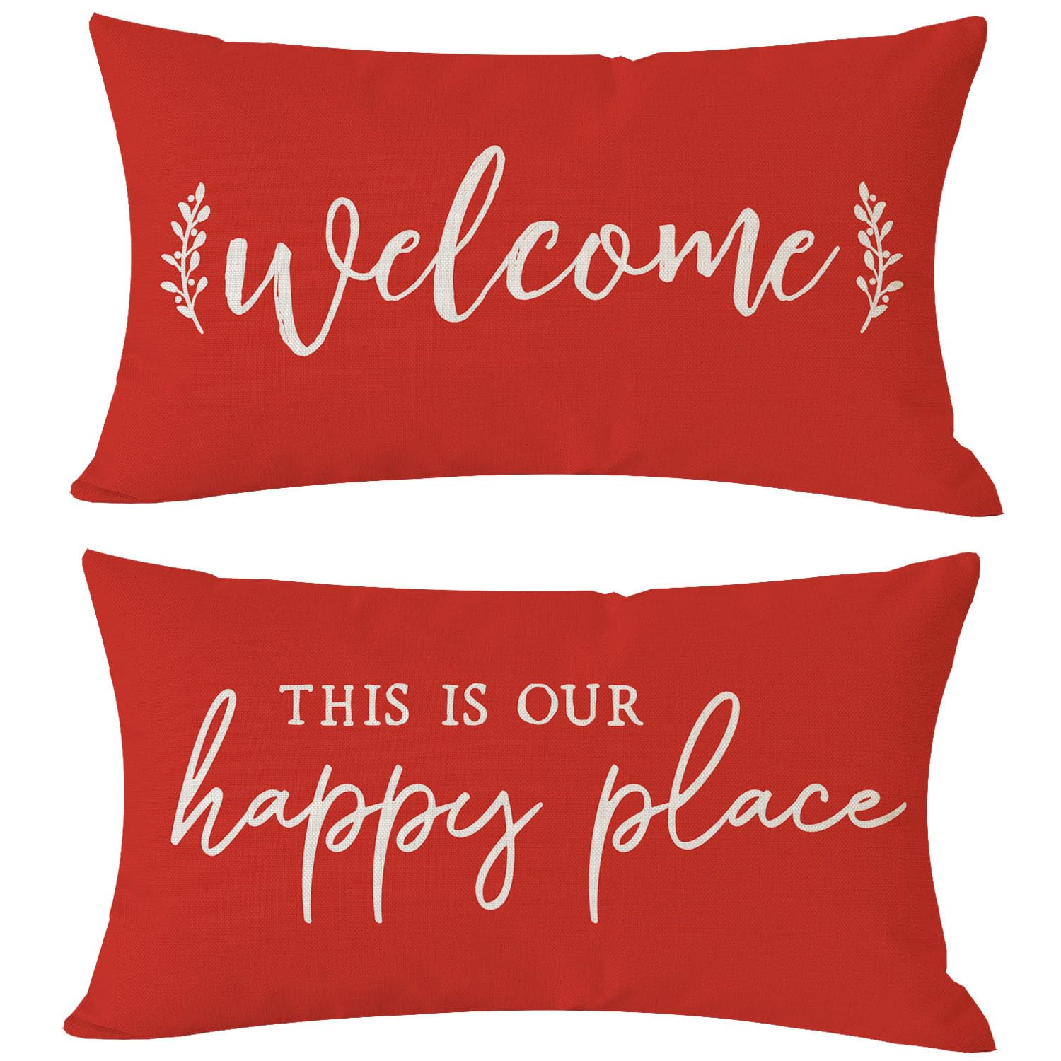 PANDICORN Farmhouse Lumbar Decorative Throw Pillow Covers 12x20 Set of 2 Welcome This is Our Happy Place Red Outdoor Christmas Front Porch Patio