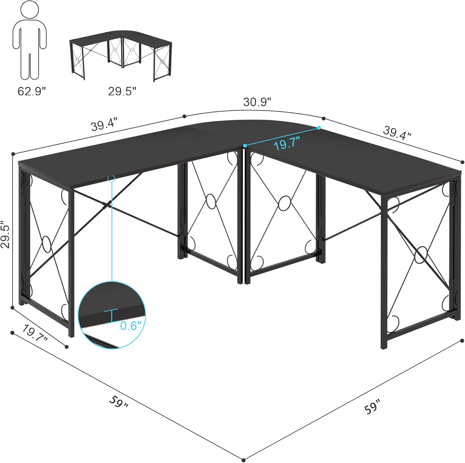 VECELO 59" L Shaped Computer Desk, Corner Computer Desk, Sturdy Home Office Computer Table for Small Space, Writing Desk, Larger Gaming Desk Workstation, Matte Black
