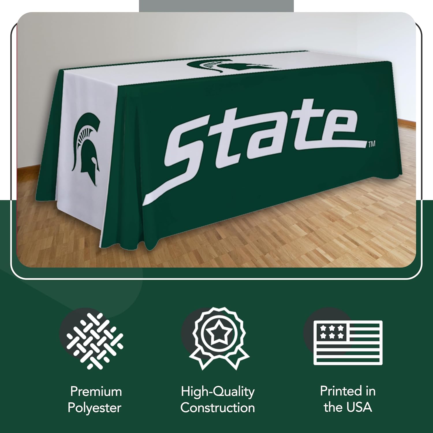 Michigan State Spartans College Sports Printed Table Throw - NCAA Licensed - Polyester - School Tablecloth (Green, White) (6' Draped)
