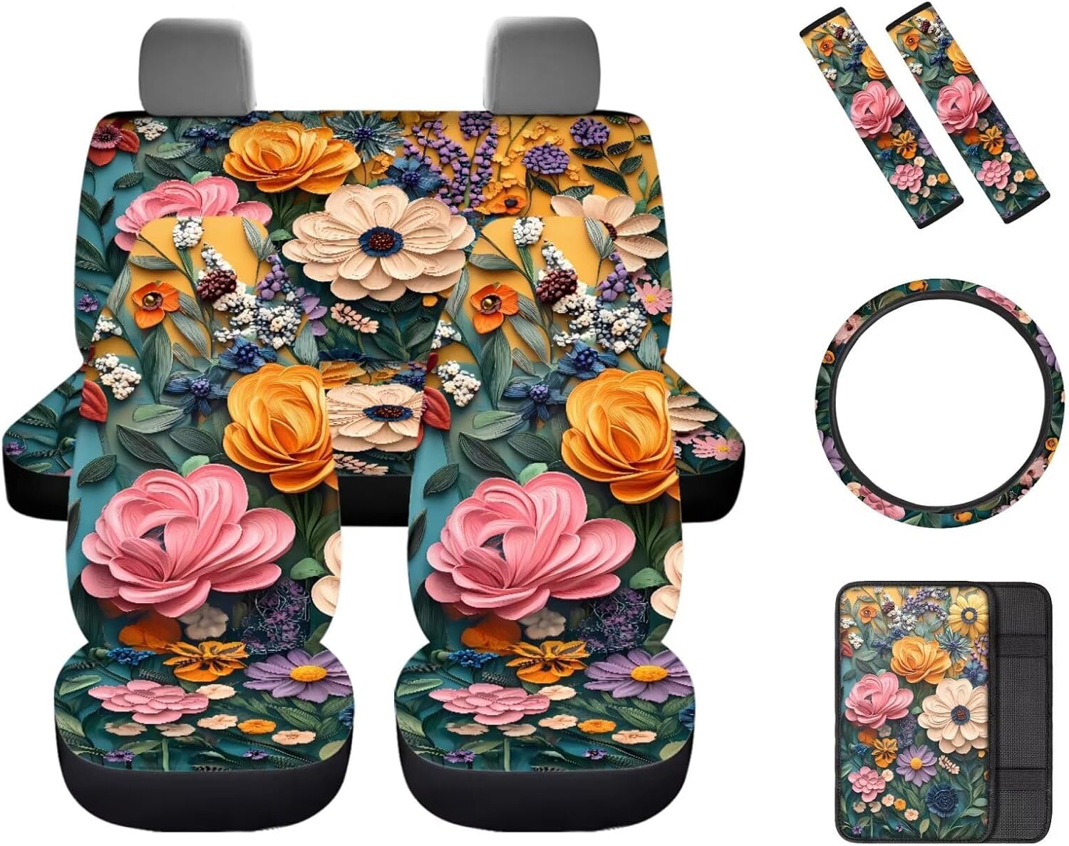 Colorful Flowers Car Interior Accessories Set for Women, Auto Seat Cover Full Set with Car Steering Wheel Cover Armrest Pad Seat Belt Pads, Auto Decorations - 8 Pack