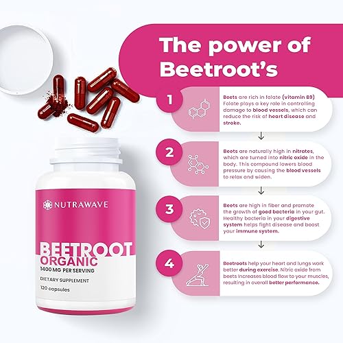 Miniatura 4 de Nutra Wave Cápsulas orgánicas de raíz de remolacha de 1400 mg, soporte de óxido nítrico, polvo beta vulgaris - 120 cápsulas veganas suministro para