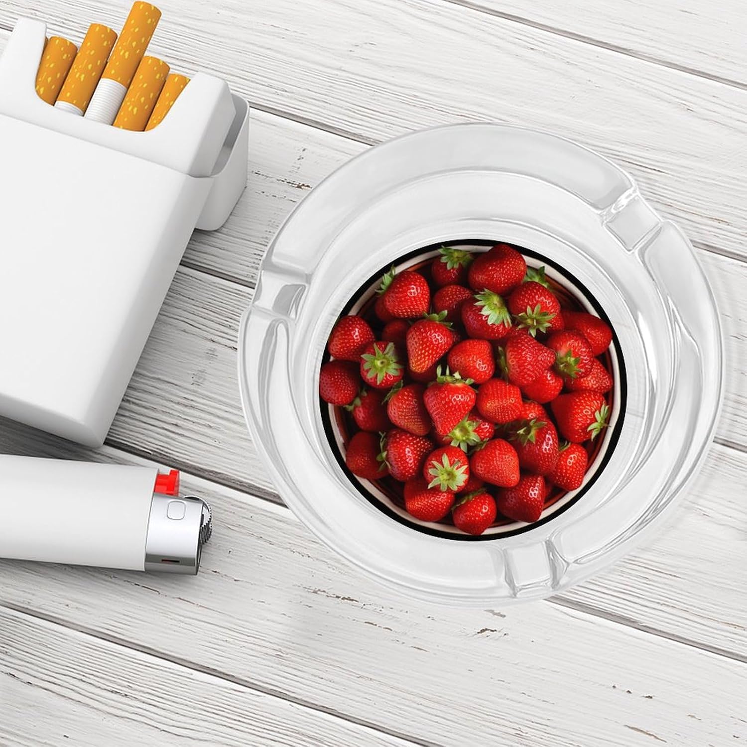 Glass Ashtrays,Strawberries in Bowl Printed Round Ashtrays Portable Decorative Modern Ashtrays Non-slip Ashtrays for Home Office Indoor Outdoor