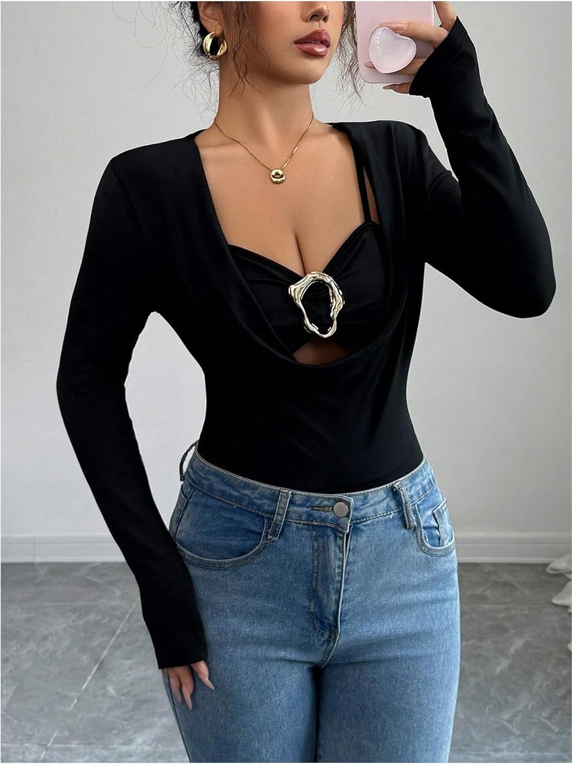 GORGLITTER Women's Old Money Bodysuit Metal Cut Out Draped Long Sleeve Going Out Body Suits - Image 4