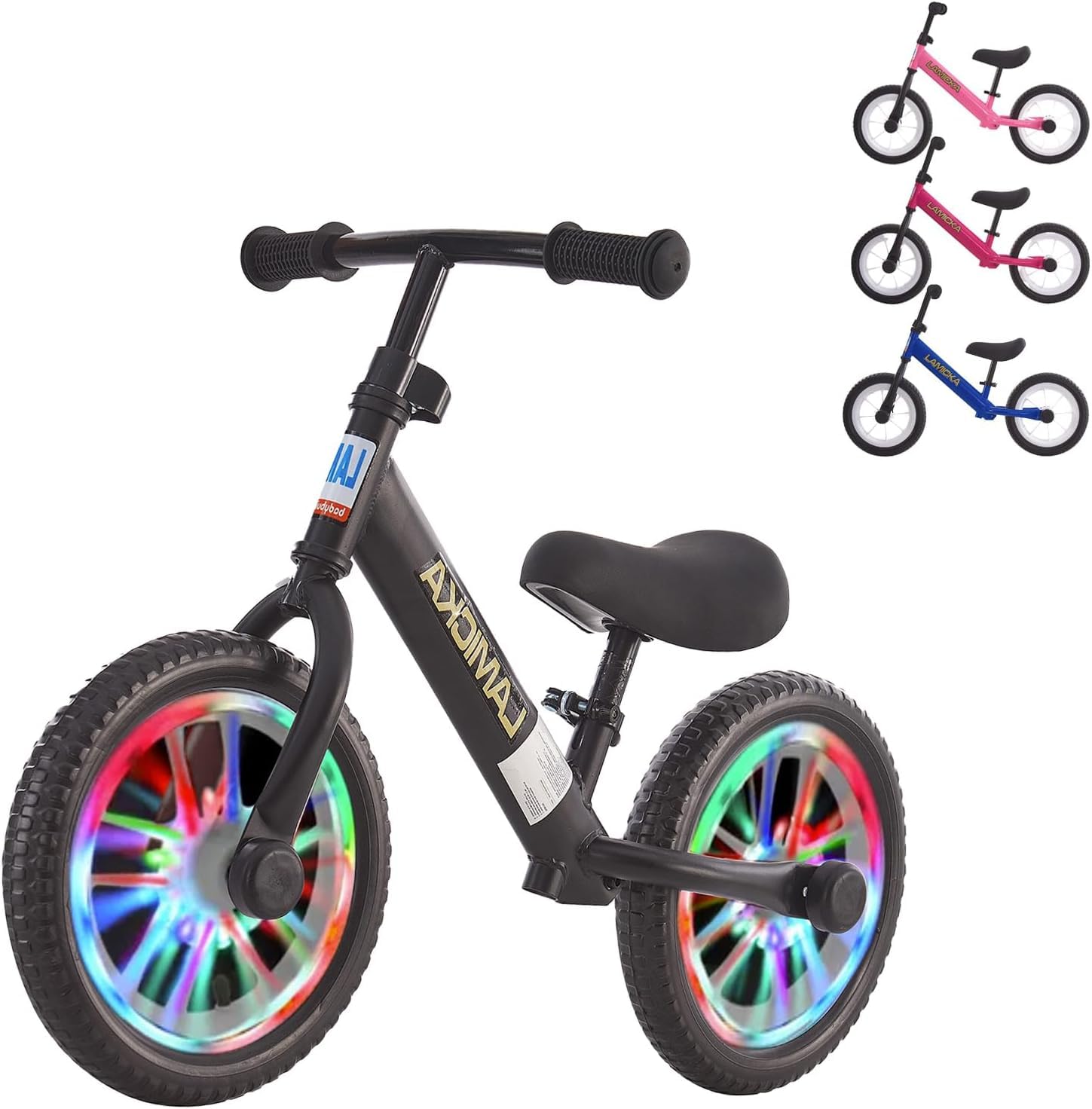 LSBIKE 14" Kids Balance Bike Toddler Training Bike No Pedal Children Cycles with LED Light up Wheels Adjustable Handlebar Leather Seat Fixed bracket for 2-5 Years old Boys and Girls (Black, 14inch)