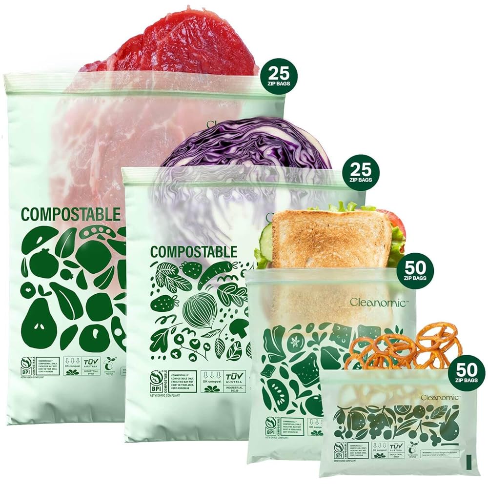 CLEANOMIC Compostable* Food Storage Bag Bundle - Gallon, Quart, Sandwich and Snack Sizes