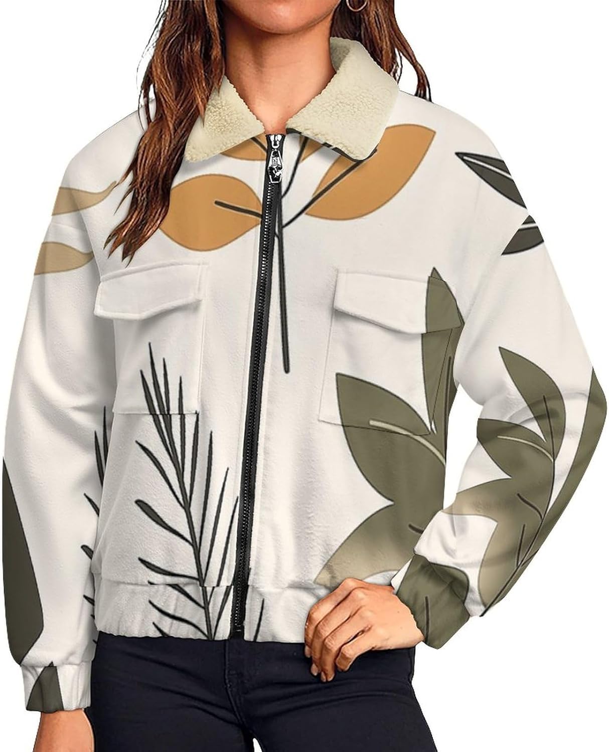 Women's Full Zip Soft Polar Fleece Jacket, Geometry leaves Printed Outdoor Recreation Coat, Long Sleeve Outerwear