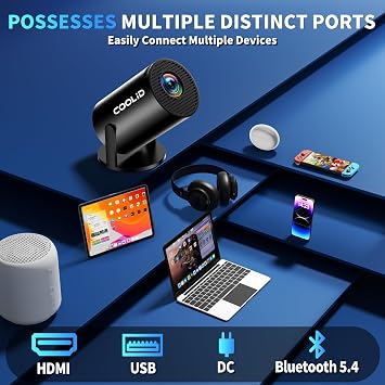 [تطبيقات مدمجة وترقية 2026] جهاز عرض صغير يدعم 4K 1080P Auto Keystone 180 قابل للتدوير مع WiFi 6 وBluetooth 5.4، جهاز عرض محمول متوافق مع HDMI/TV Stick/Memory Stick/Laptop-Black