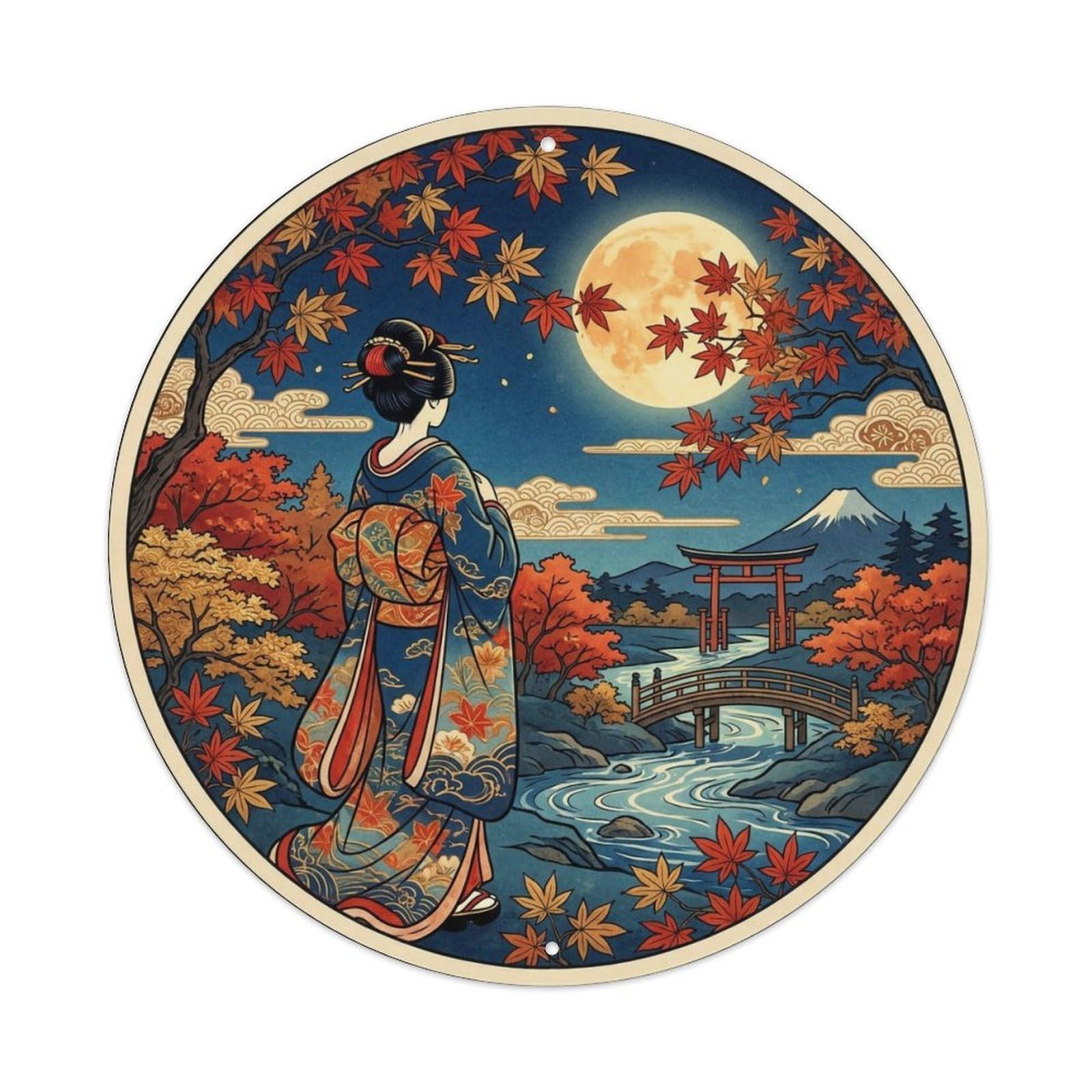 Yrnq 8X8inch Vintage Style Japanese Moonlit Maple Geisha Autumn Night Metal Tin Sign