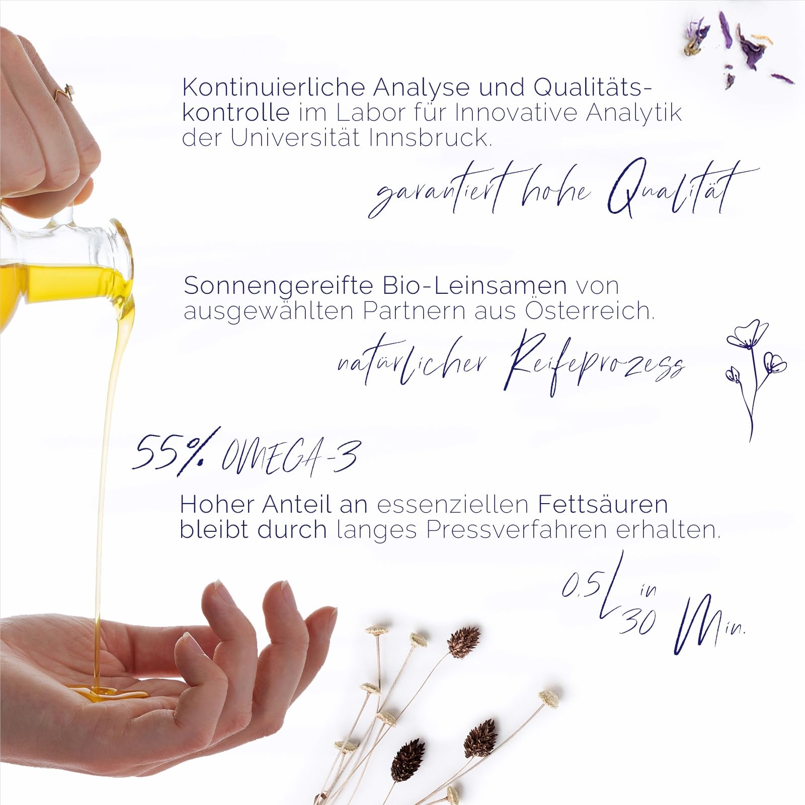 Sannis Bio-Leinöl extra nativ 500 ml I Leinsamenöl aus kontrolliert biologischem Anbau I kaltgepresst & ungefiltert I reich an Omega-3-Fettsäuren I nussig milder Geschmack ideal für Salat & Joghurt
