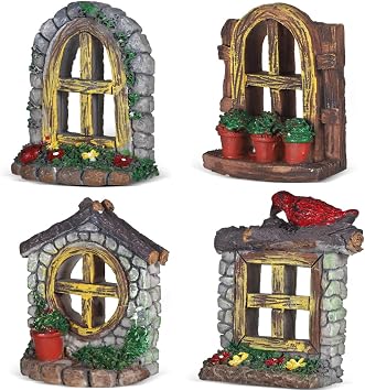 VOSAREA 4PCS Fairy Garden Accessories Windows and Door Set - Ultra Compact Resin Gnome House Accessories Waterproof Fish Tank Decor for Indoor Micro Landscapes and Terrariums
