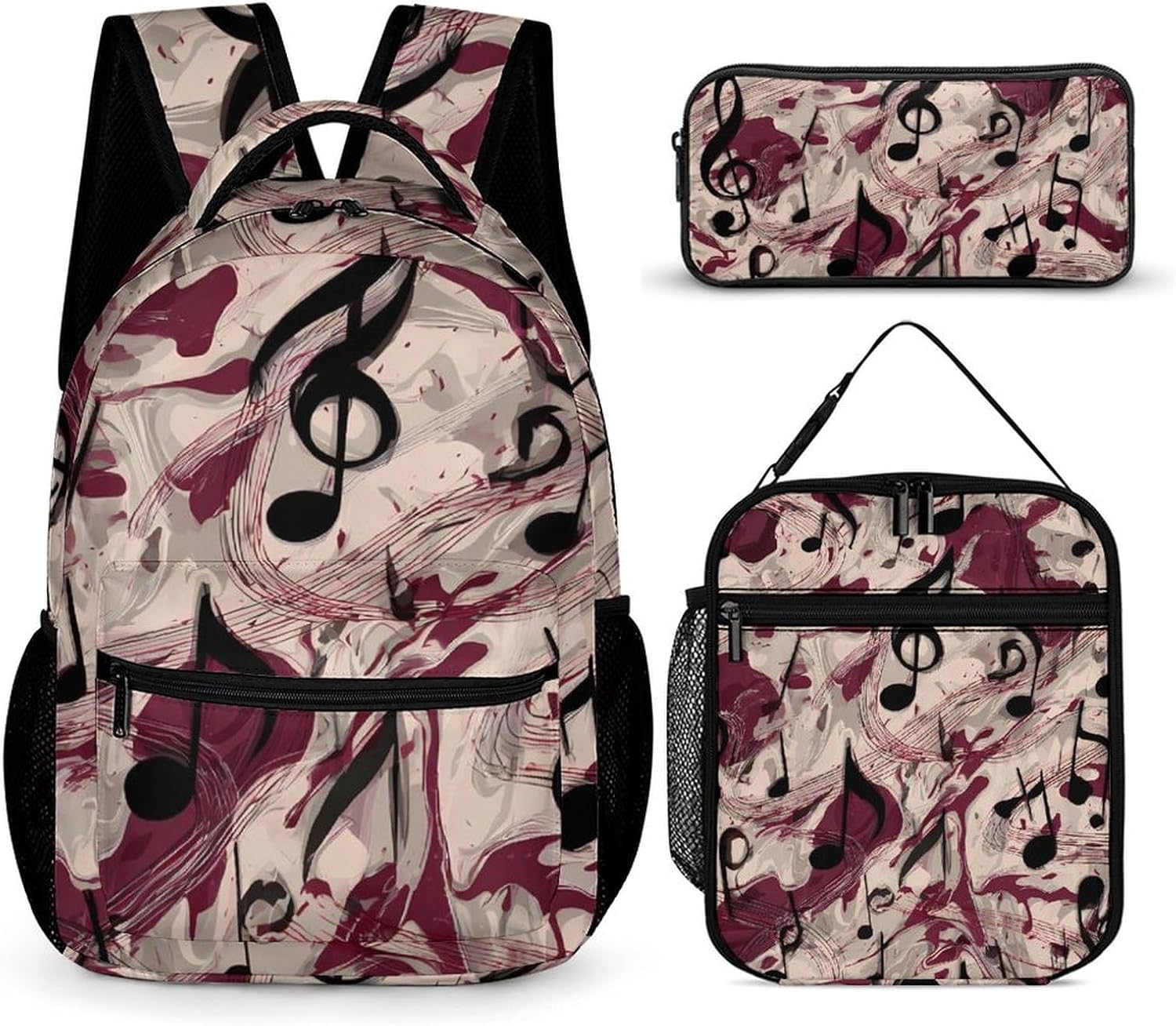 Music Notes Red Wine Tie-Dye 3-in-1 Backpack Lunch Bag Pencil Case Set Travel Daypack for Business Work