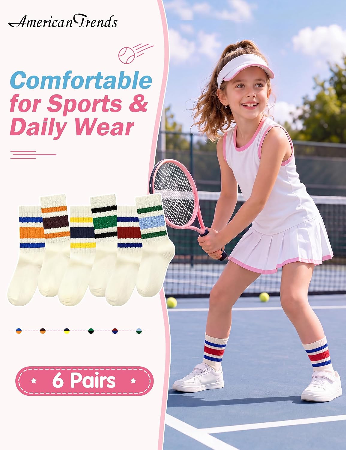 6 Pairs Retro Striped Girls Running Socks Ribbed Cuffs Kids Crew Socks 4-12