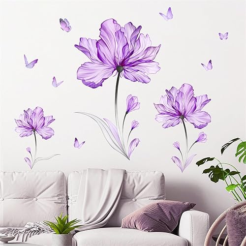 Miniatura 6 de Calcomanías de pared de mariposa de flores moradas estilo tinta, peonía de loto de sacinora DIY, calcomanías de pared de arte floral, vinilo