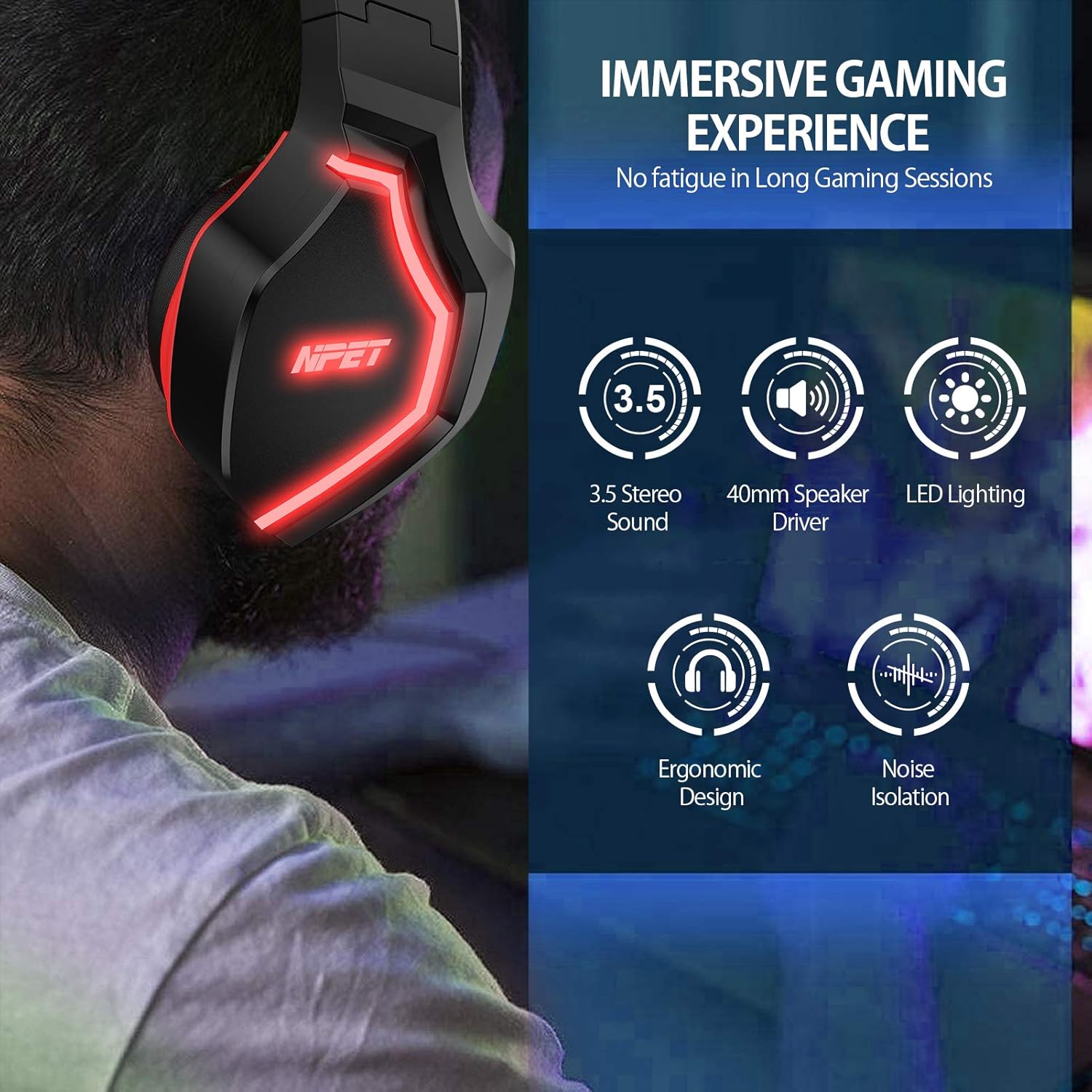 NPET HS20 Gaming Headset for PC, PS4, PS5, Switch, Xbox One Controller, LED Backlit Computer Headphone with Noise Canceling Mic, Soft Memory Earmuffs, Volume Control (Red)