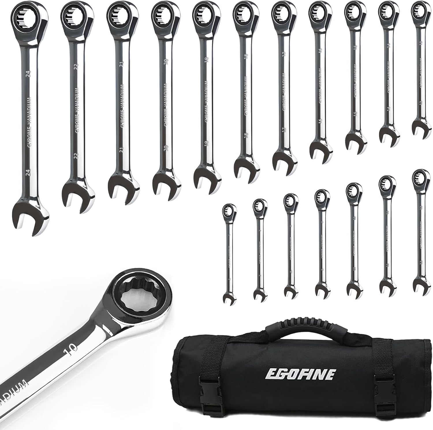 Egofine Ratcheting Wrench Set, 6 mm - 24 mm Metric Wrench Set 18pc, 72 Teeth Combination Wrenches Set, Chrome Vanadium Steel with a Roll Up Storage Bag