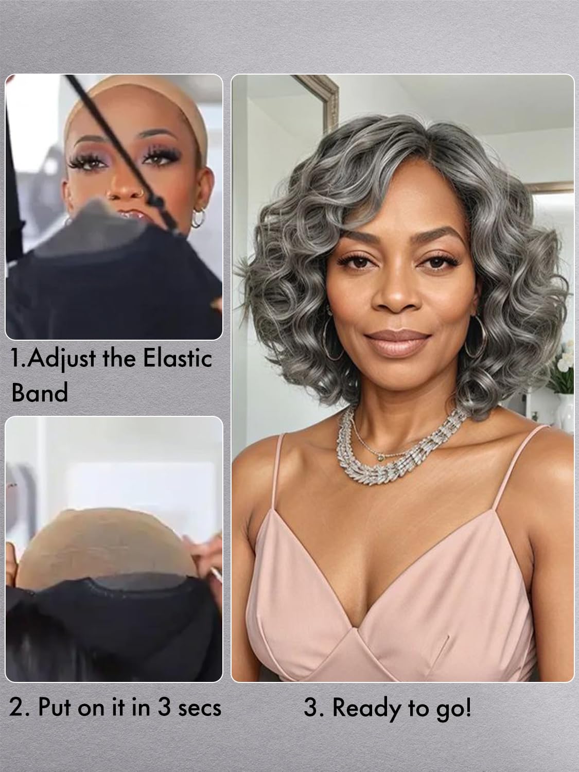 Salt and Pepper Loose Body Wave Wigs 12 Inch Left C Side Part Grey Bob Wig Human Hair Short White Gray Bob lace front Wigs Pre Cut Glueless Wigs for Women