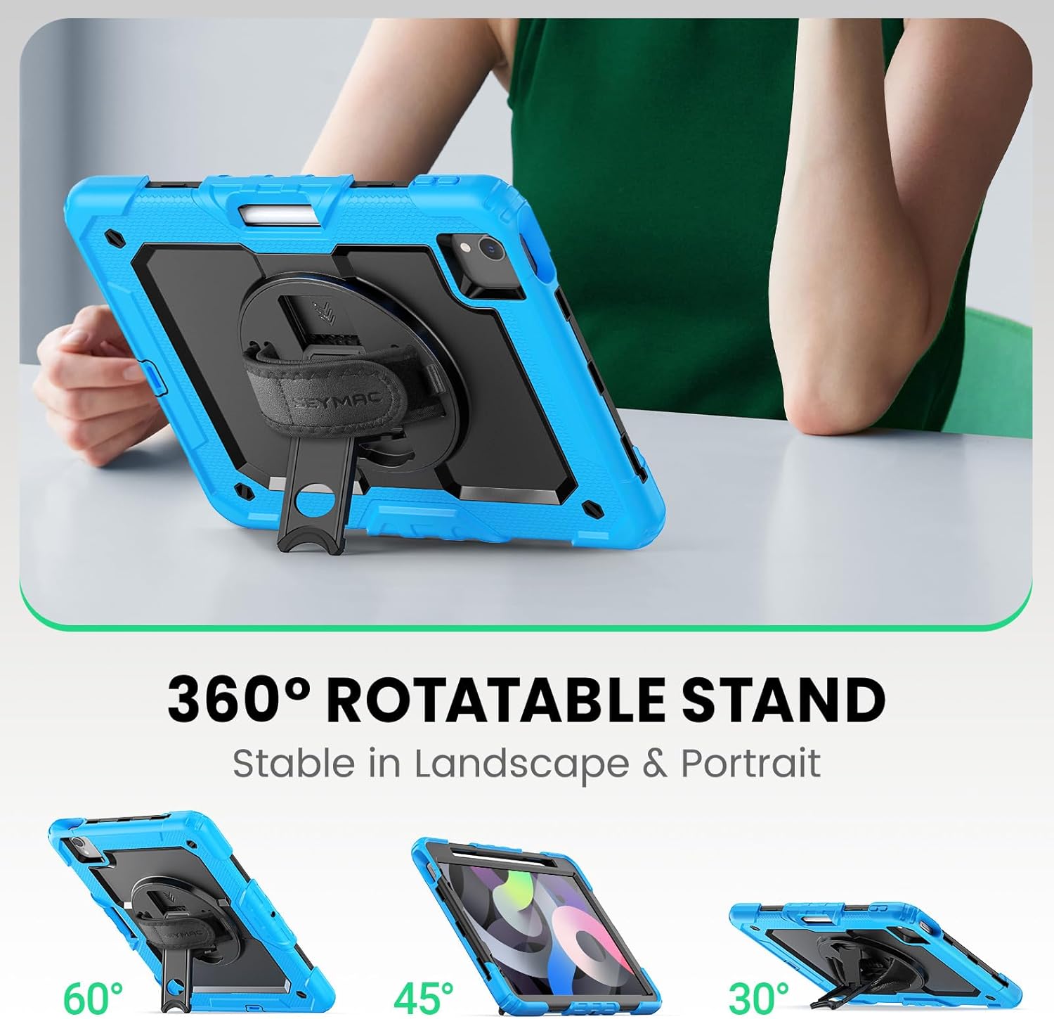 SEYMAC Case for iPad Air 5th/ 4th Generation 10.9", Full-Body Shockproof Protective Case with Screen Protector, Rotating Stand/Handle/Shoulder Strap/Pencil Holder for iPad Air 5/ Air 4, Sky Blue