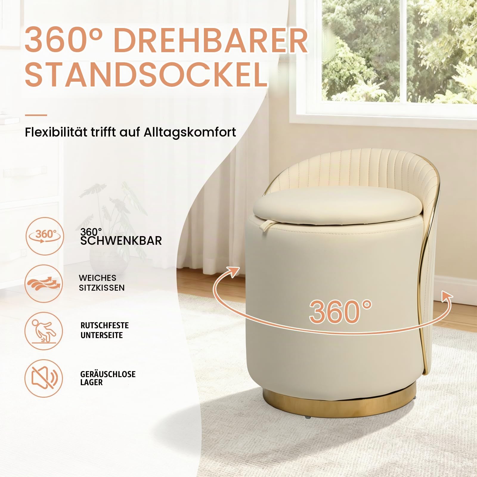 Schminkhocker, Schminkstuhl 360° Drehbar, Sitzhocker Rund mit rutschfeste Fußpads, Gepolstert Hocker Schminktisch Samt für Schminktisch, Schlafzimmer, Wohnzimmer (B-Cremeweiß)