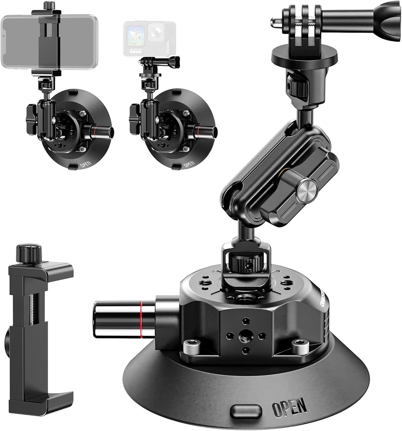 CAMBOFOTO 4.6" Camera Suction Cup Mount with Ball Head Magic Arm, Car Mount with Action Camera Adapter and Phone Holder, Compatible with DSLR Cameras Sony, Canon, Nikon/Phone/DJI/Insta 360