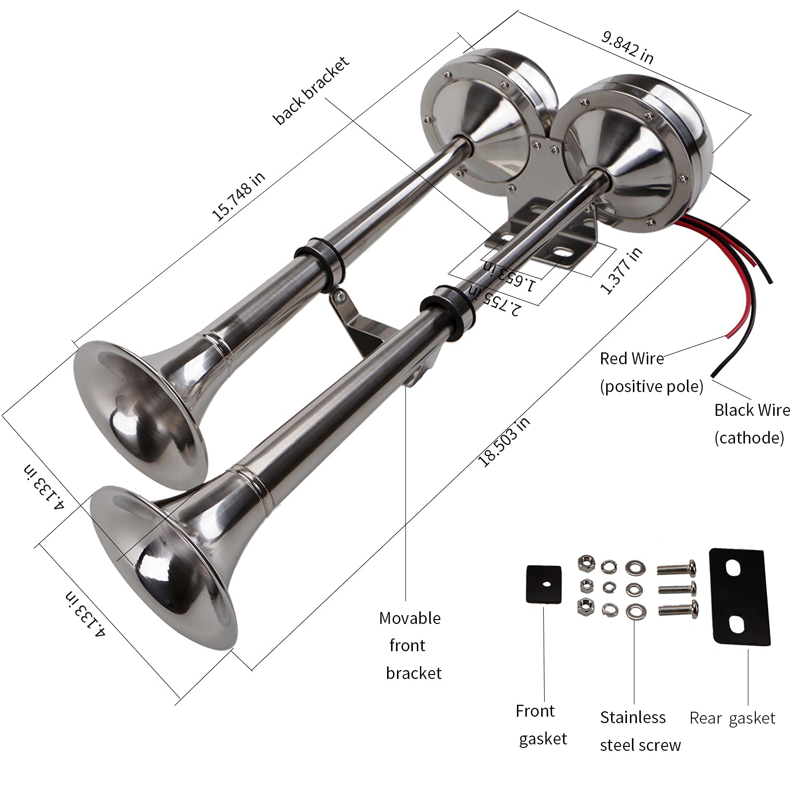 AOLIHAN 12V Marine Boat horn Waterproof Stainless Steel Dual Trumpet Horn for Boats Ship Sailboat Yacht Off-Road Vehicle Truck SUV RV Vans Touring Car (silver two tone)
