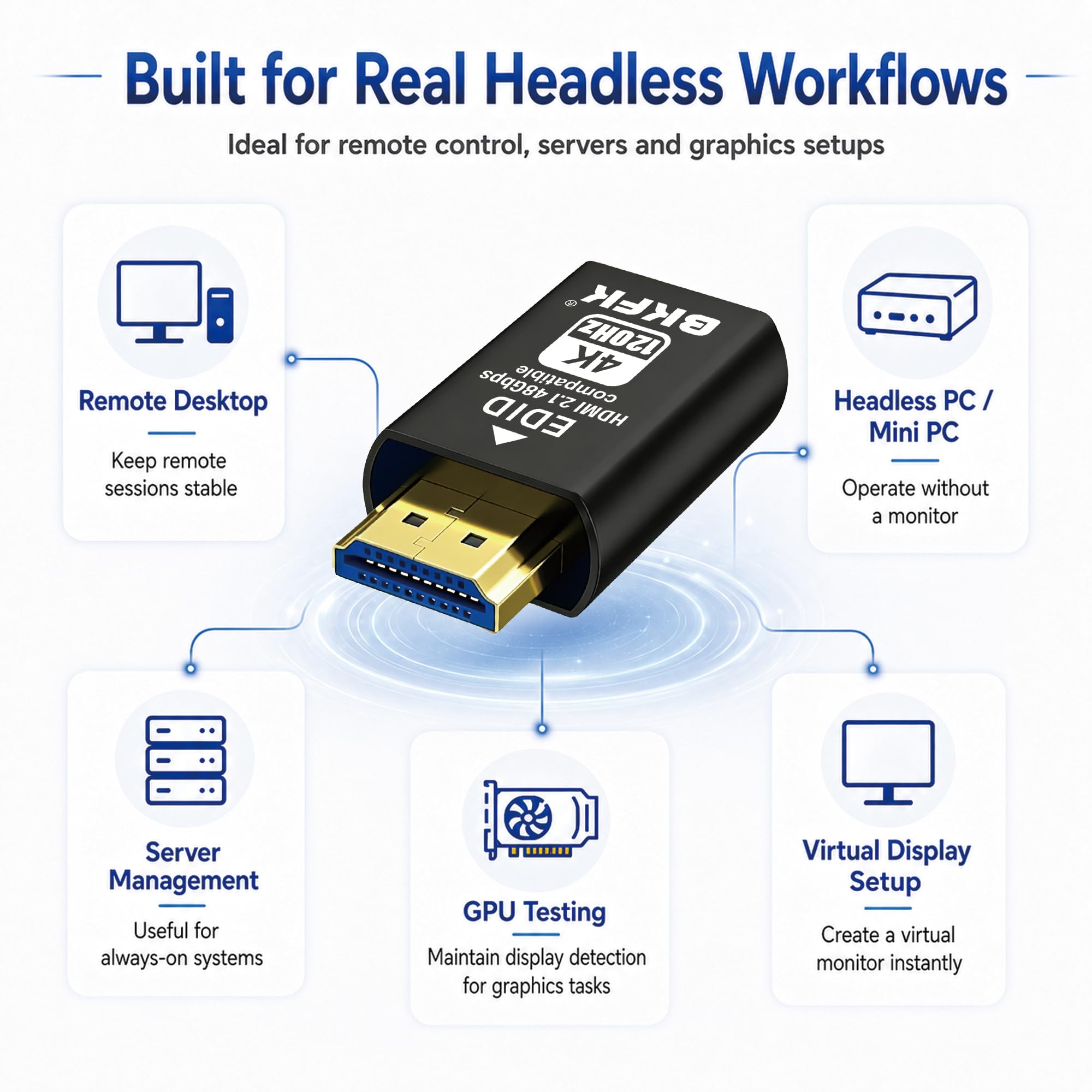 DP 4K 60Hz DisplayPort Prise factice sans tête – Prend en charge 1080p-120Hz EDID Dongle 60Hz pour crypto mining, serveurs distants et bureaux virtuels (2.1-4K-120Hz-2P-)