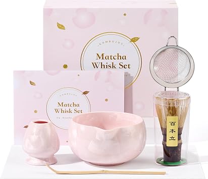 ComboJoy Matcha Whisk Set, 6PCs Japanese Matcha Kit with Pink Crystalline Glaze Bowl, Purple Bamboo Whisk, Scoop, Sifter & Tea Towel Gifts for Women Mom Her, Tea Gifts for Christmas, Birthday