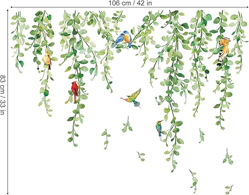 Miniatura 5 de wondever Calcomanías de pared colgantes de vides, plantas, hojas verdes, pájaros, despegar y pegar, calcomanías artísticas de pared para sala de