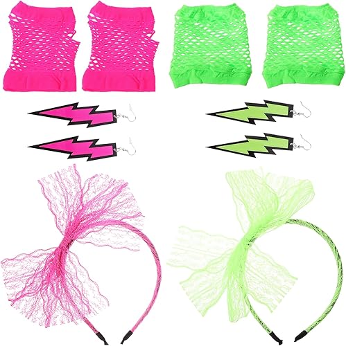 Miniatura 7 de LOGOFUN 2 diademas de encaje retro de los años 80, aretes de neón, guantes de red para mujer, accesorios de disfraz de baile y cosplay