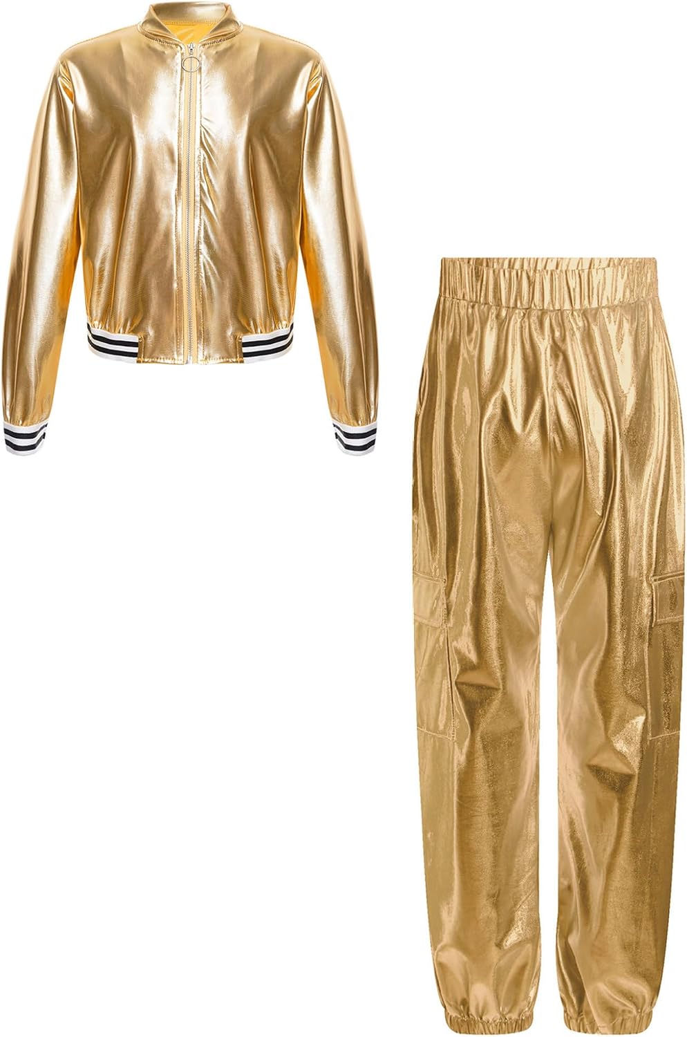 Boys Girls 2 Piece Modern Hip Hop Jazz Dance Outfit Metallic Long Sleeve Jacket and Pants Set Tracksuit
