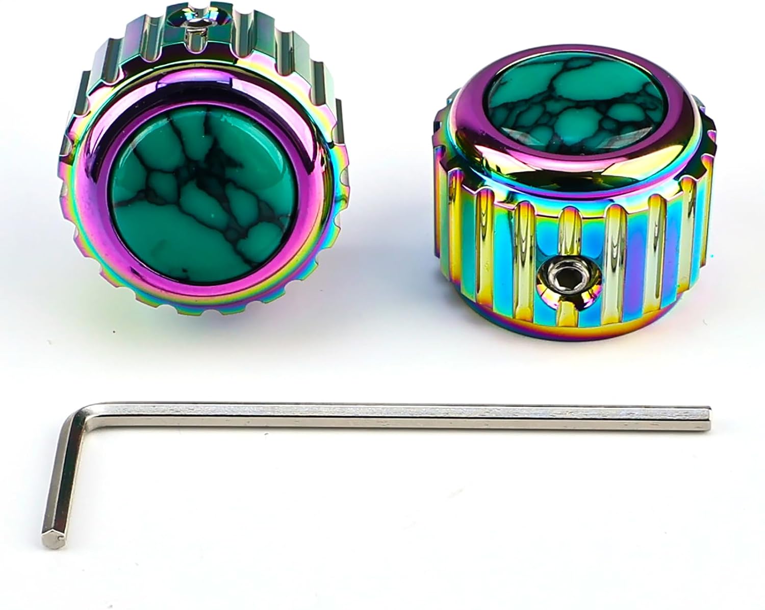 2Pcs Aluminum Alloy Electric Bass Guitar Knobs 6.1mm（15/64"） Potentiometer Shaft Flat Top Speed Control Metal Volume Tone Knobs for Electric Bass Guitar Replacement (Rainbow ，Green-Stone Top)