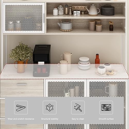 Miniatura 6 de Armario grande de cocina, armario de almacenamiento con 3 puertas de metal, 3 cajones y estante para microondas, para almacenamiento abierto en