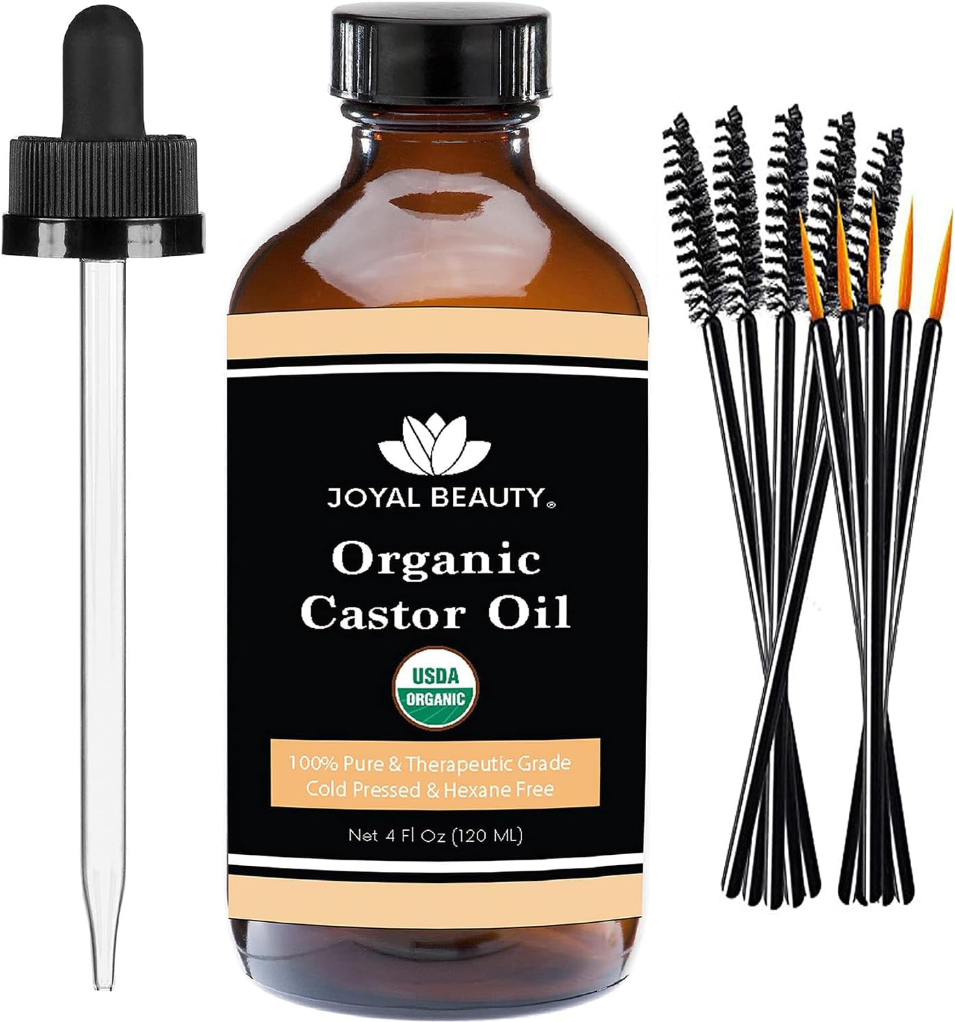 Castor Oil USDA Certified Organic(4oz). 100% Pure Cold Pressed Unrefined Hexane Free Glass Bottle. Hair Eyelashes Eyebrows Lash Serum. For Face, Skin, Body, Belly Button. Free Mascara