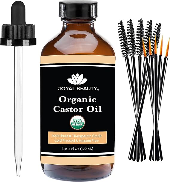 Castor Oil (120 ML) USDA Certified Organic 100% Pure Cold-Pressed Hexane-free Premium Quality for Hair Growth, Eyelashes, Eyebrows, Beard and Skin by Joyal Beauty. Bonus FREE Mascara Kit Included