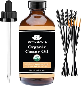 Castor Oil (120 ML) USDA Certified Organic 100% Pure Cold-Pressed Hexane-free Premium Quality for Hair Growth, Eyelashes, Eyebrows, Beard and Skin by Joyal Beauty. Bonus FREE Mascara Kit Included