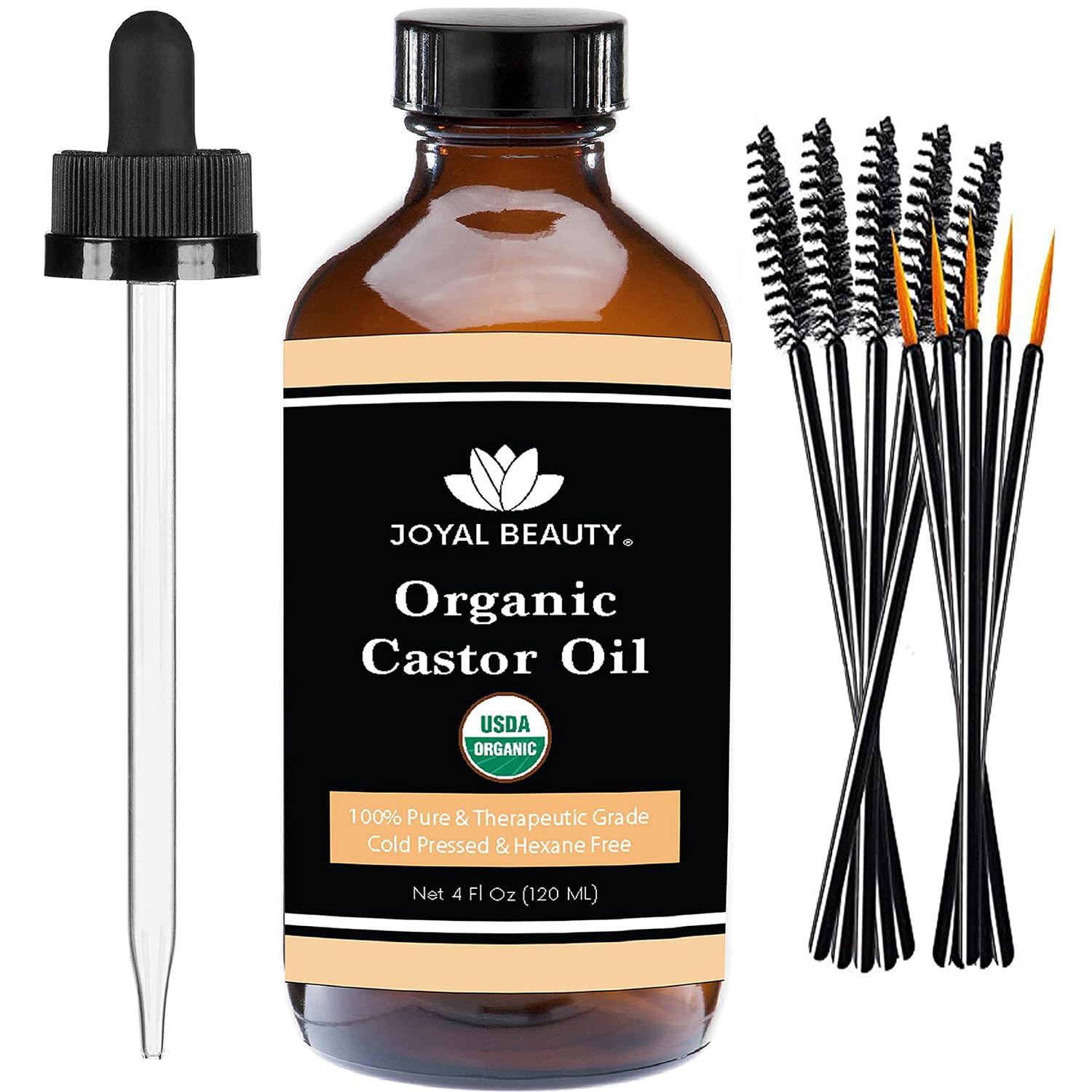 JOYAL BEAUTY Castor Oil USDA Certified Organic(4oz). 100% Pure Cold Pressed Unrefined Hexane Free Glass Bottle. Hair Eyelashes Eyebrows Lash Serum. For Face, Skin, Body, Belly Button. Free Mascara