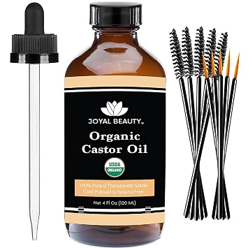 JOYAL الجمال الخروع النفط USDA معتمد Organic4oz. زجاجة زجاجية خالية من الهكسان غير المكرر ومضغوطة على البارد بنسبة 100. الشعر الرموش الحاجبين لاش سيروم. للوجه، الجلد، الجسم، زر البطن. ماسكارا مجانية