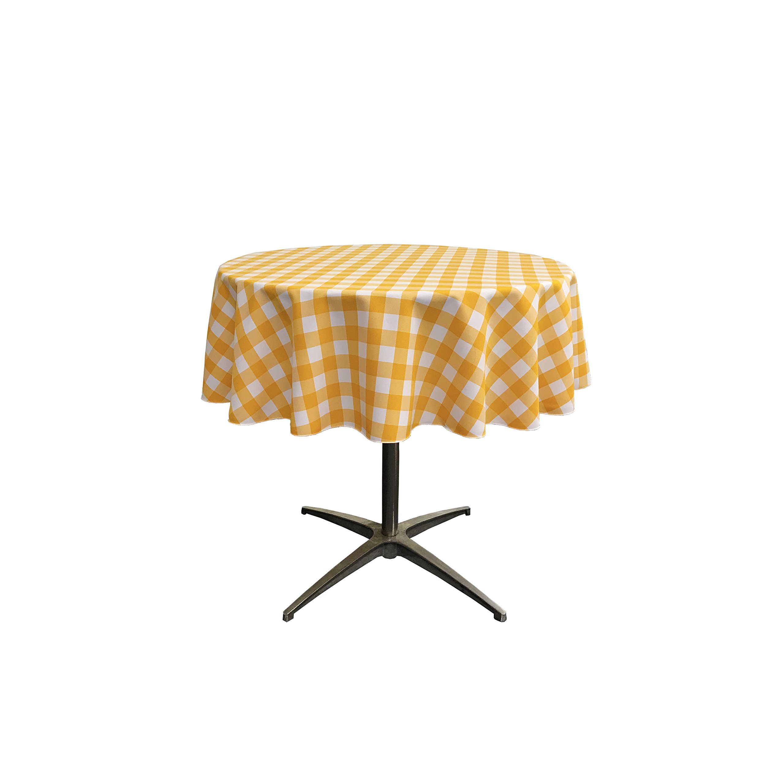La Linen Dark Yellow/White Poly Checkered Round Tablecloth, 51-Inch,
