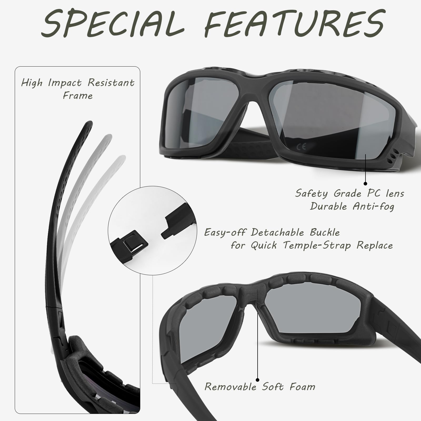 Gafas de sol de seguridad antivaho acolchadas de espuma, a prueba de polvo, resistentes al viento, caza, senderismo, golf
