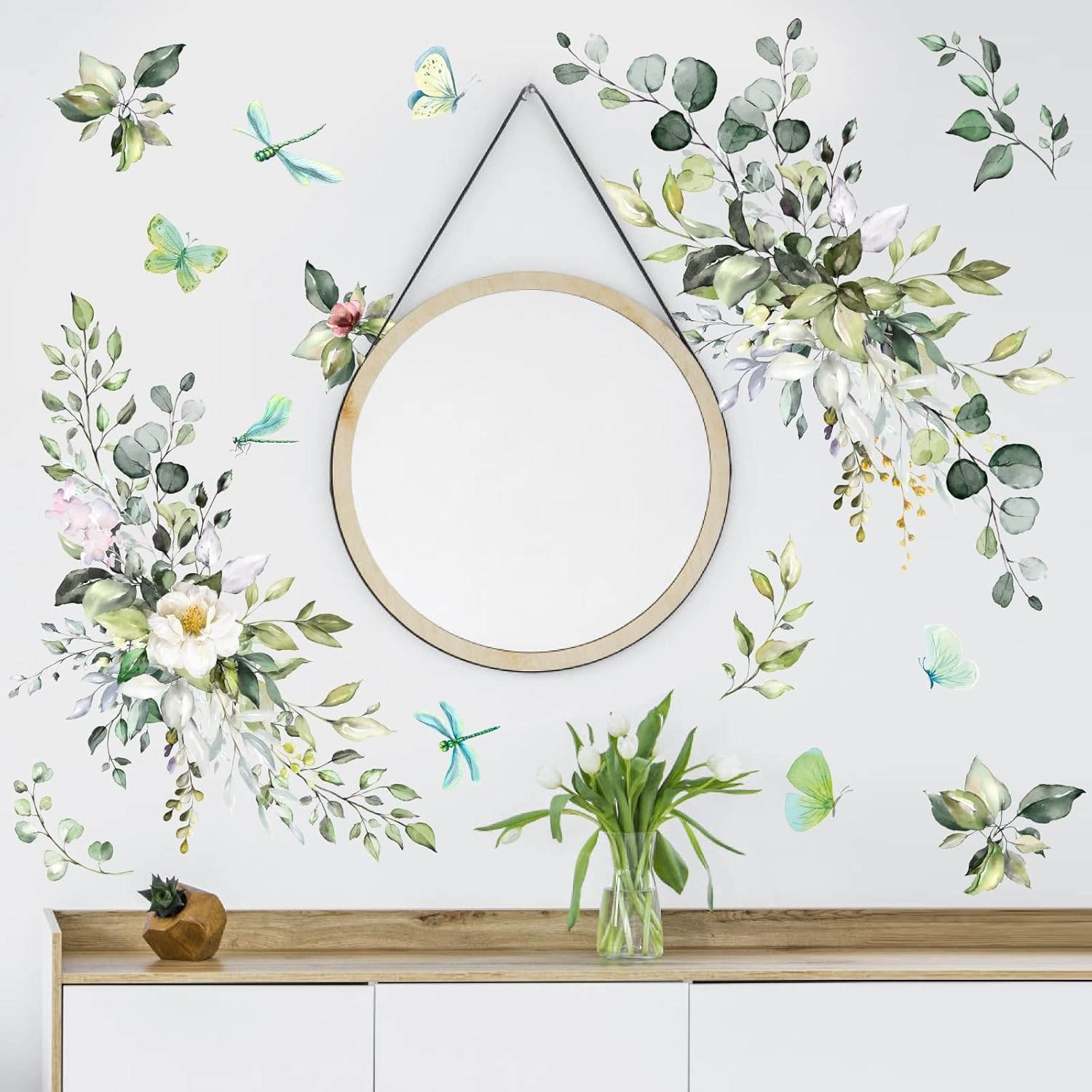 Large Green Leaves Wall Decals Modren Plant Wall Decals Peel and Stick Decals Rustic Leaves Wall Art Murals Boho Butterflies Flower Hanging Vines Wall Stickers for Living Room Bedroom Bathroom Decor