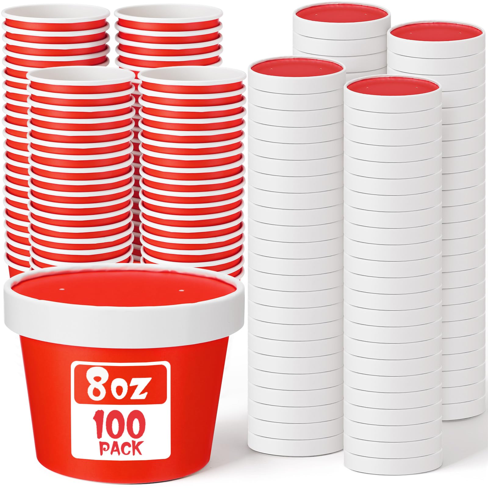 Fulmoon 8 oz 100 Pack Paper Containers with Lids Soup Bowl Cup, Red